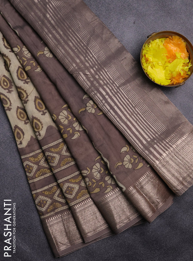 Semi chanderi saree beige and pastel brown with allover vanaspathi prints and zari woven border