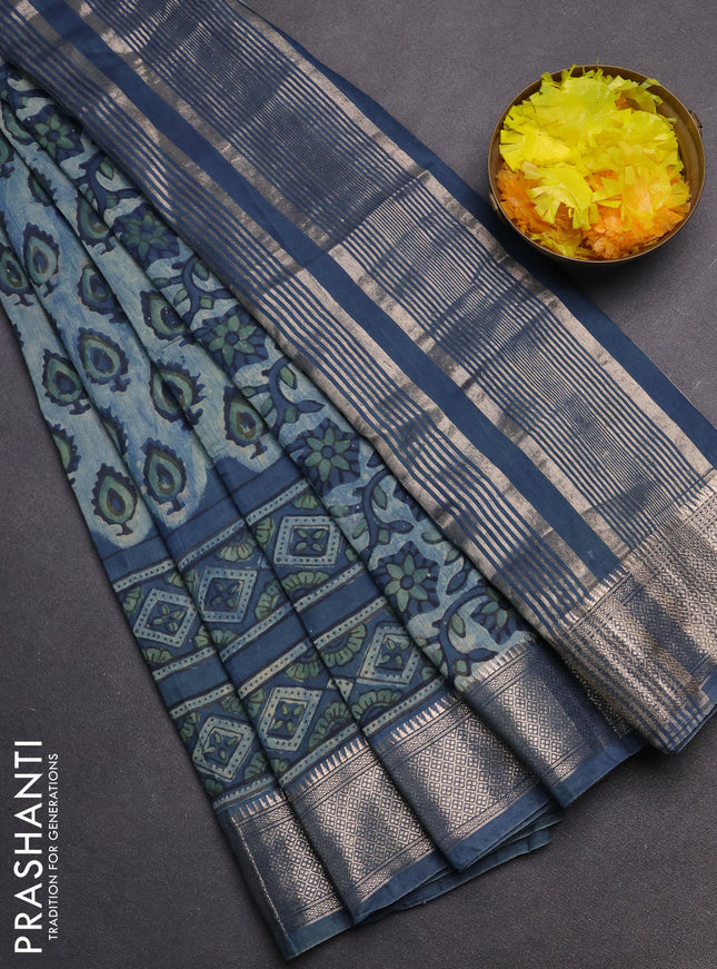 Semi chanderi saree pastel blue and blue shade with allover vanaspathi prints and zari woven border