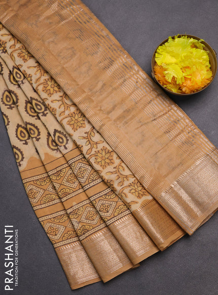 Semi chanderi saree sandal with allover vanaspathi prints and zari woven border