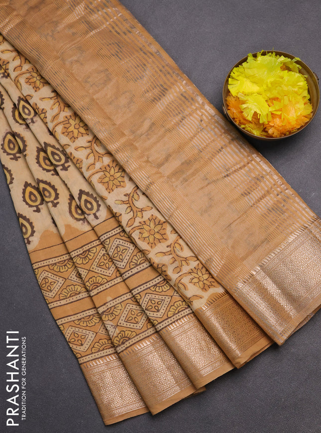 Semi chanderi saree sandal with allover vanaspathi prints and zari woven border