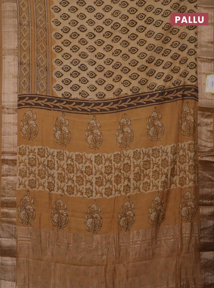 Semi chanderi saree sandal with allover vanaspathi prints and zari woven border