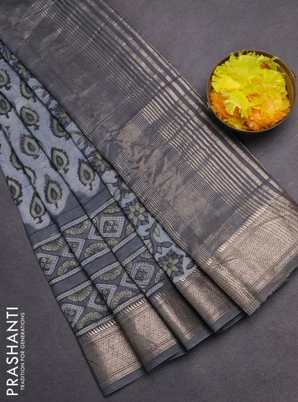 Semi chanderi saree grey with allover vanaspathi prints and zari woven border