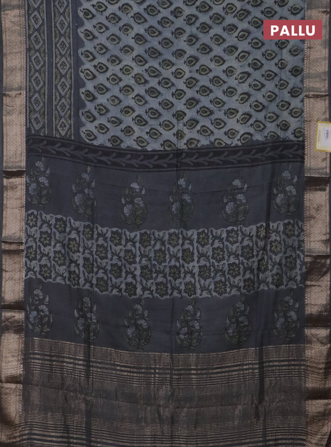 Semi chanderi saree grey with allover vanaspathi prints and zari woven border