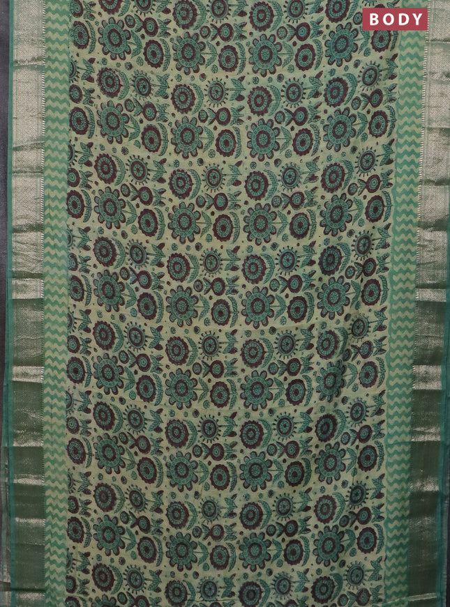 Semi chanderi saree pista green and teal green shade with allover vanaspathi prints and zari woven border