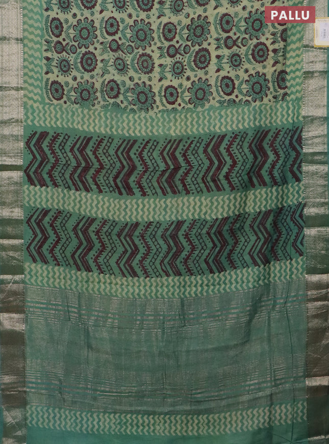 Semi chanderi saree pista green and teal green shade with allover vanaspathi prints and zari woven border
