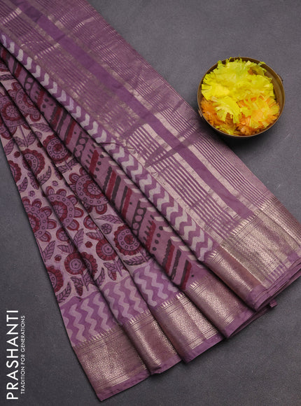 Semi chanderi saree pastel purple with allover vanaspathi prints and zari woven border