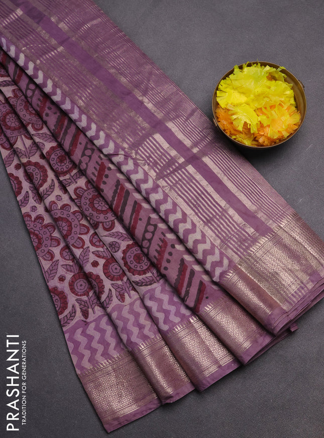 Semi chanderi saree pastel purple with allover vanaspathi prints and zari woven border