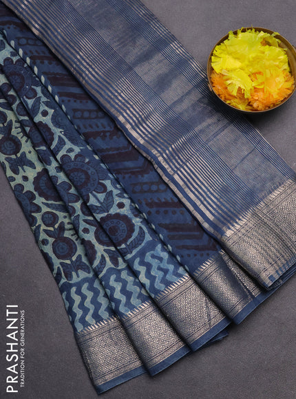 Semi chanderi saree pastel blue and blue with allover vanaspathi prints and zari woven border