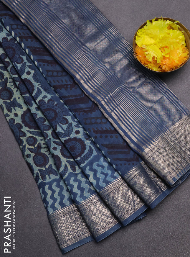 Semi chanderi saree pastel blue and blue with allover vanaspathi prints and zari woven border