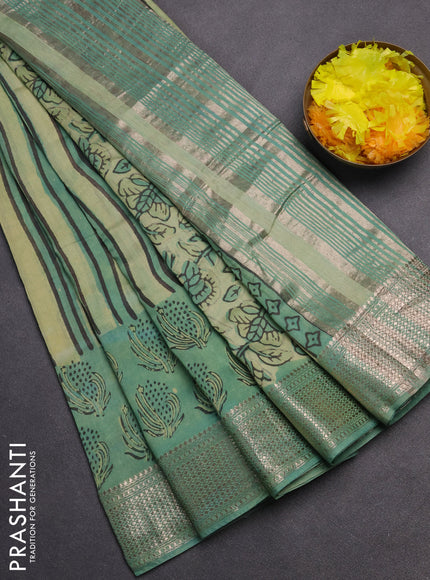 Semi chanderi saree pista green and teal green with allover vanaspathi prints and zari woven border