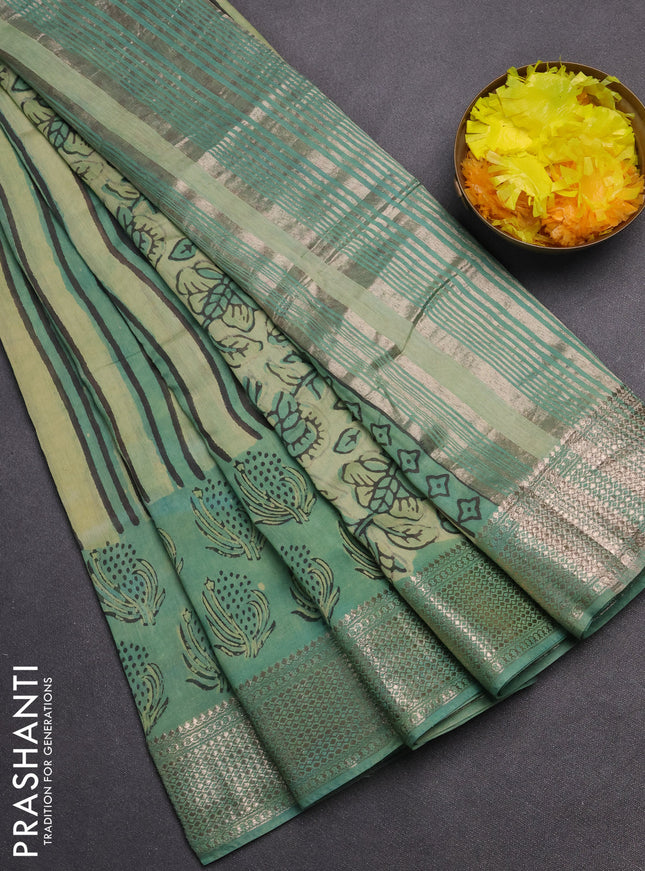Semi chanderi saree pista green and teal green with allover vanaspathi prints and zari woven border