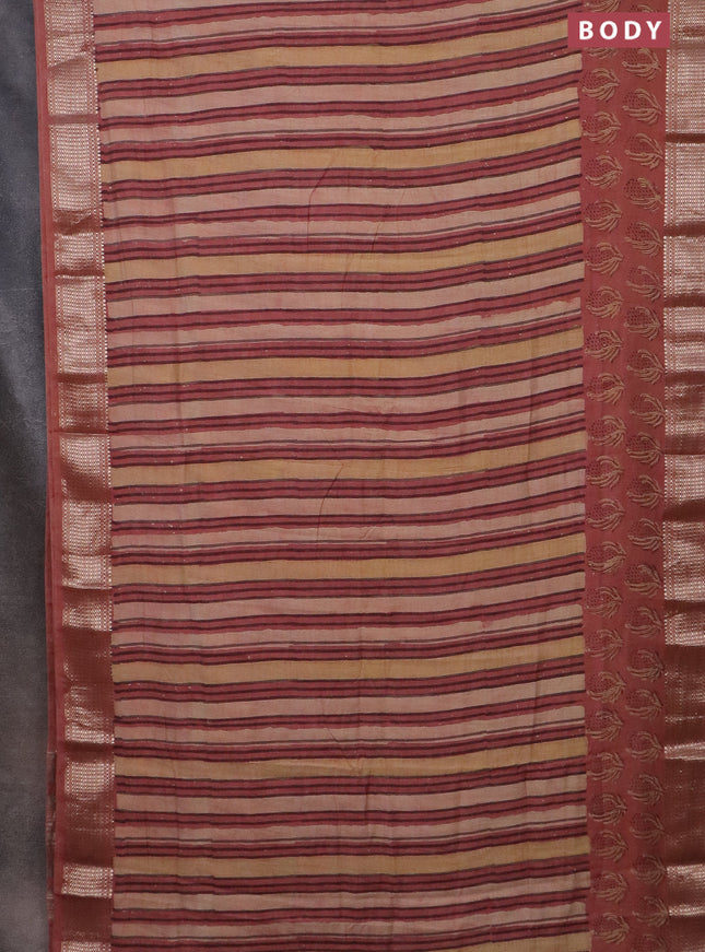 Semi chanderi saree sandal and pastel peach with allover vanaspathi prints and zari woven border