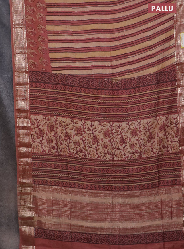 Semi chanderi saree sandal and pastel peach with allover vanaspathi prints and zari woven border