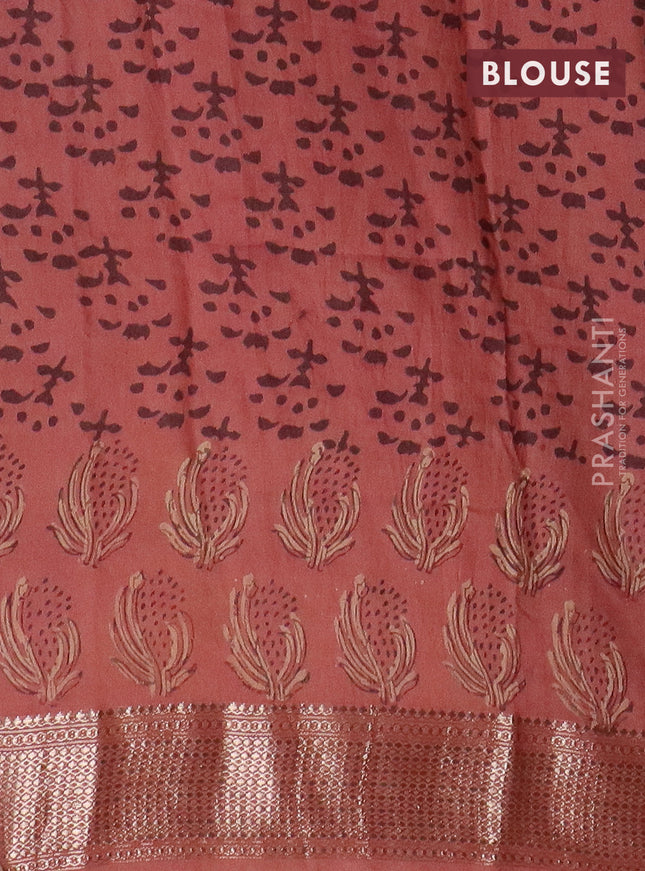 Semi chanderi saree sandal and pastel peach with allover vanaspathi prints and zari woven border