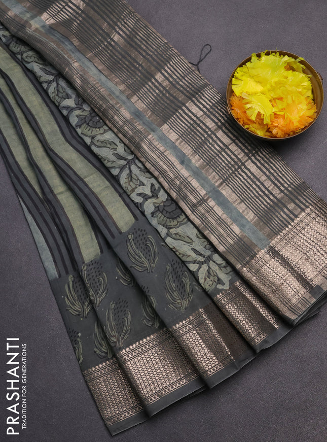 Semi chanderi saree beige and grey with allover vanaspathi prints and zari woven border