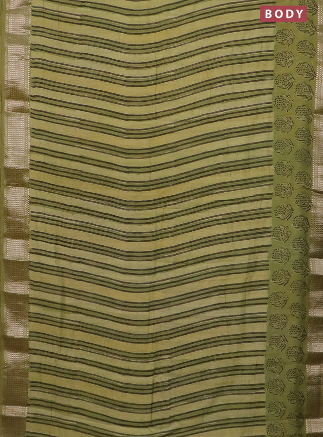 Semi chanderi saree pale yellow and pista green with allover vanaspathi prints and zari woven border