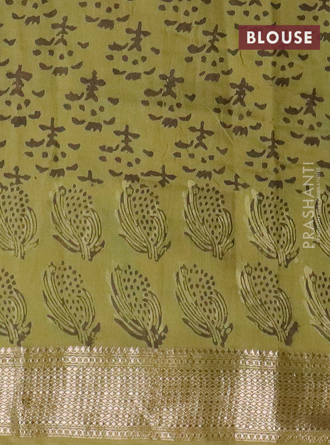 Semi chanderi saree pale yellow and pista green with allover vanaspathi prints and zari woven border