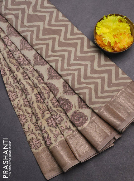 Semi chanderi saree beige and dark beige with allover vanaspathi prints and zari woven border