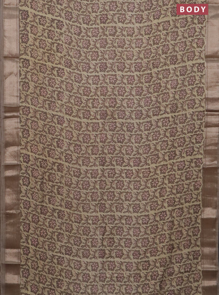 Semi chanderi saree beige and dark beige with allover vanaspathi prints and zari woven border