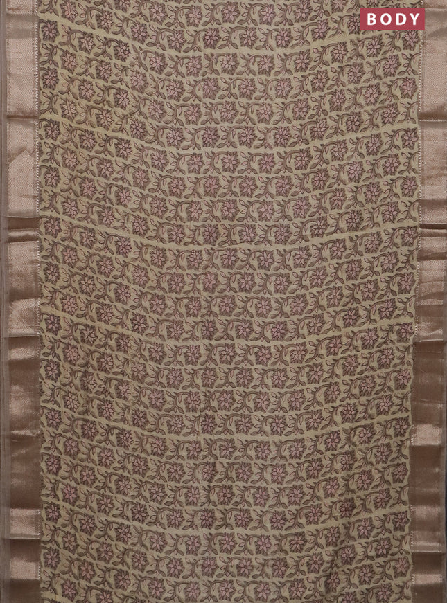 Semi chanderi saree beige and dark beige with allover vanaspathi prints and zari woven border