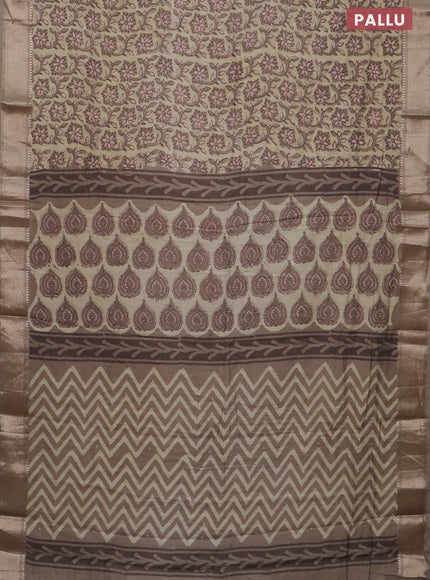 Semi chanderi saree beige and dark beige with allover vanaspathi prints and zari woven border