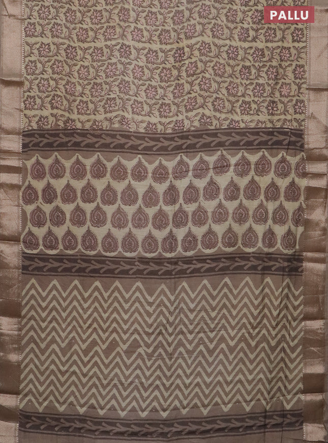Semi chanderi saree beige and dark beige with allover vanaspathi prints and zari woven border