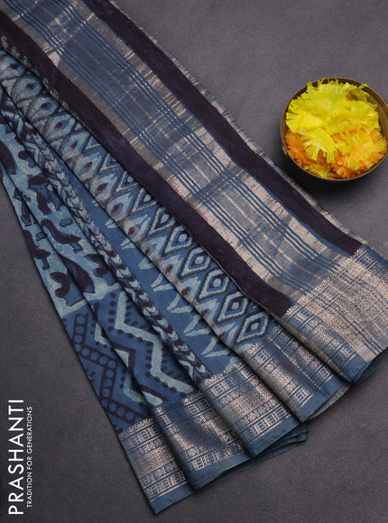 Semi chanderi saree pastel blue with allover vanaspathi prints and zari woven border