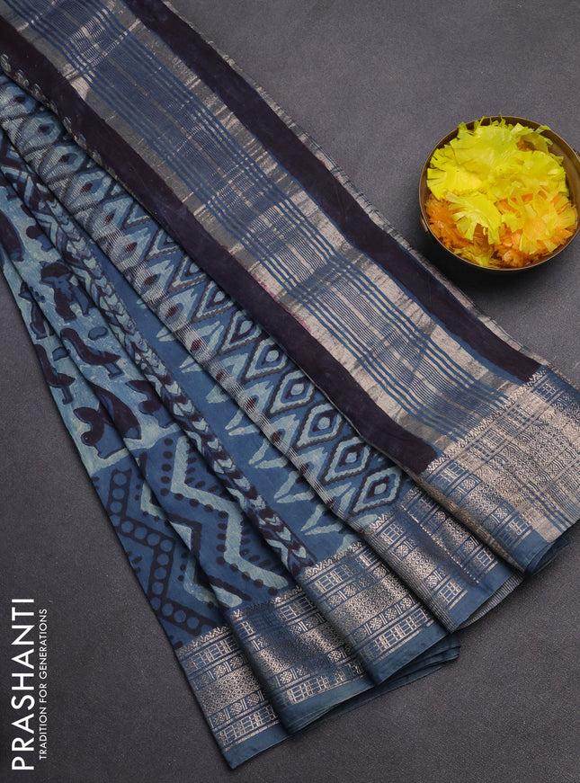 Semi chanderi saree pastel blue with allover vanaspathi prints and zari woven border