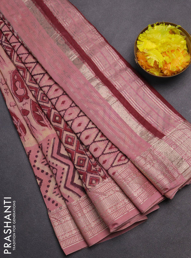 Semi chanderi saree sandal and pastel peach with allover vanaspathi prints and zari woven border