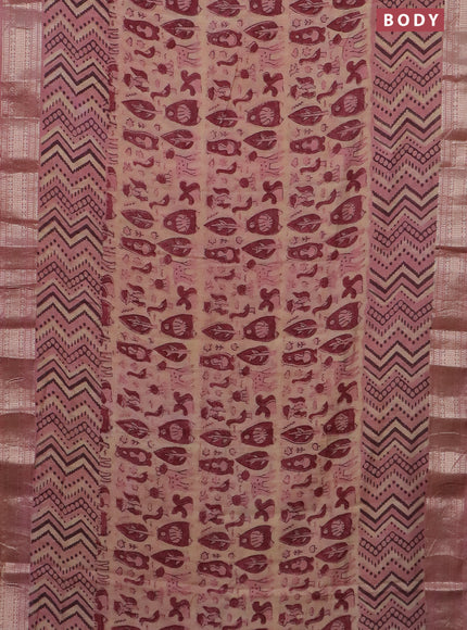 Semi chanderi saree sandal and pastel peach with allover vanaspathi prints and zari woven border