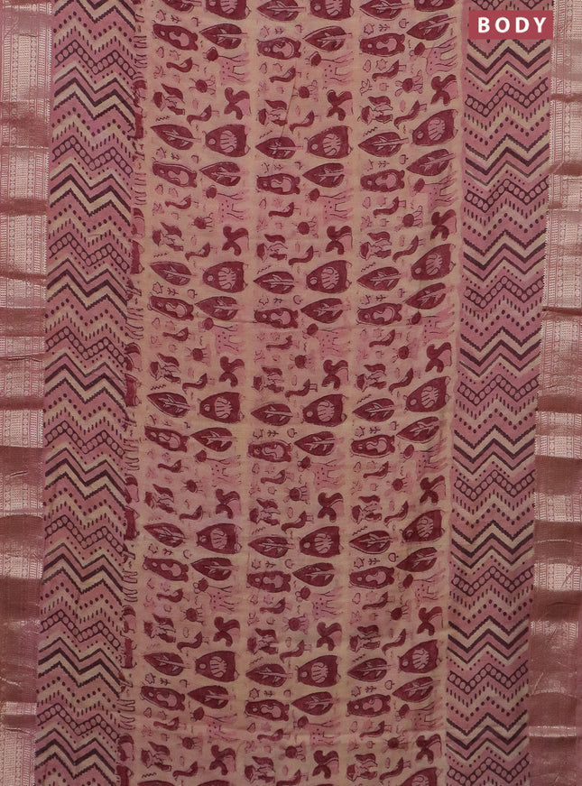 Semi chanderi saree sandal and pastel peach with allover vanaspathi prints and zari woven border