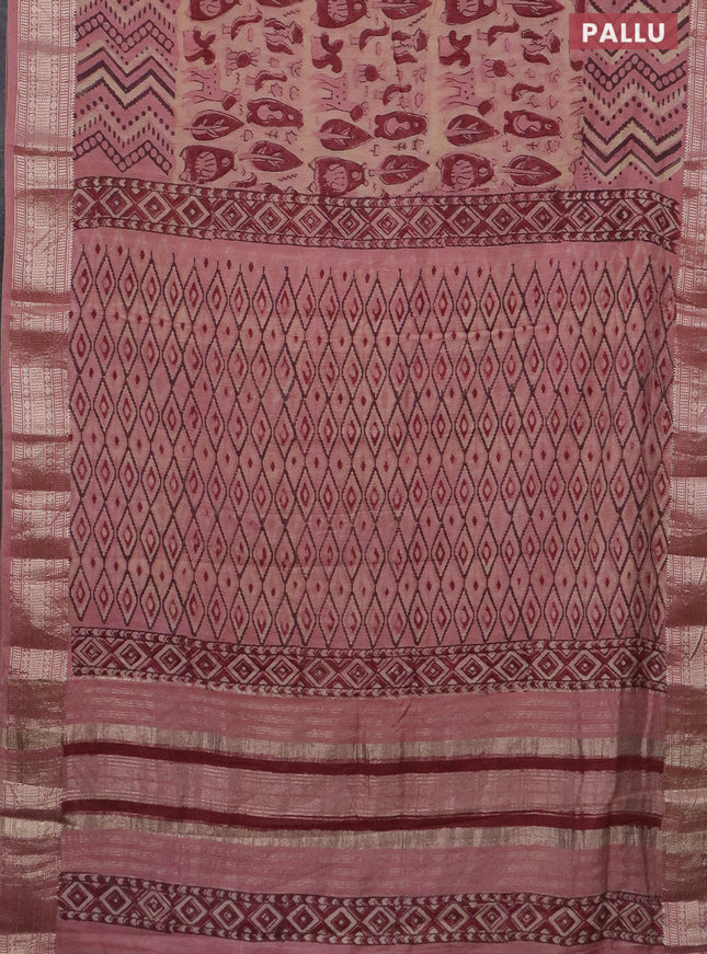 Semi chanderi saree sandal and pastel peach with allover vanaspathi prints and zari woven border