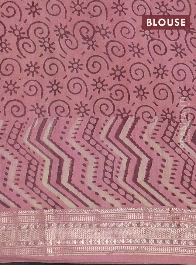 Semi chanderi saree sandal and pastel peach with allover vanaspathi prints and zari woven border