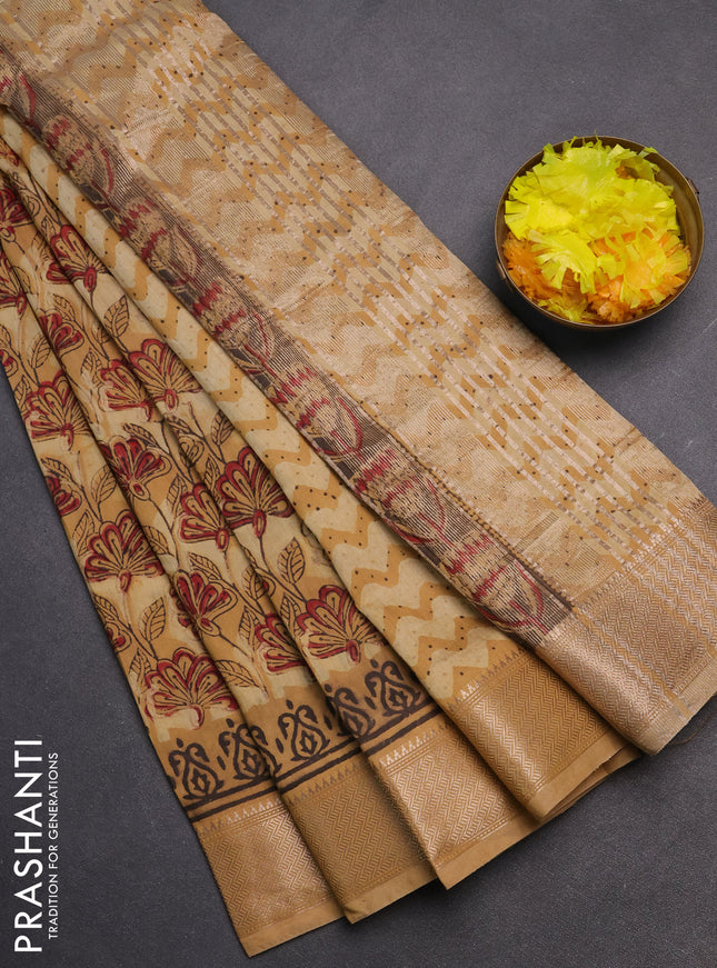 Semi chanderi saree sandal with allover vanaspathi prints and zari woven border