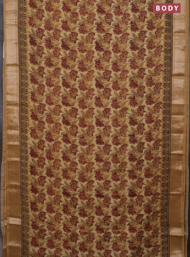 Semi chanderi saree sandal with allover vanaspathi prints and zari woven border