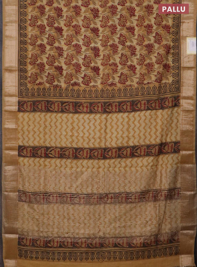 Semi chanderi saree sandal with allover vanaspathi prints and zari woven border