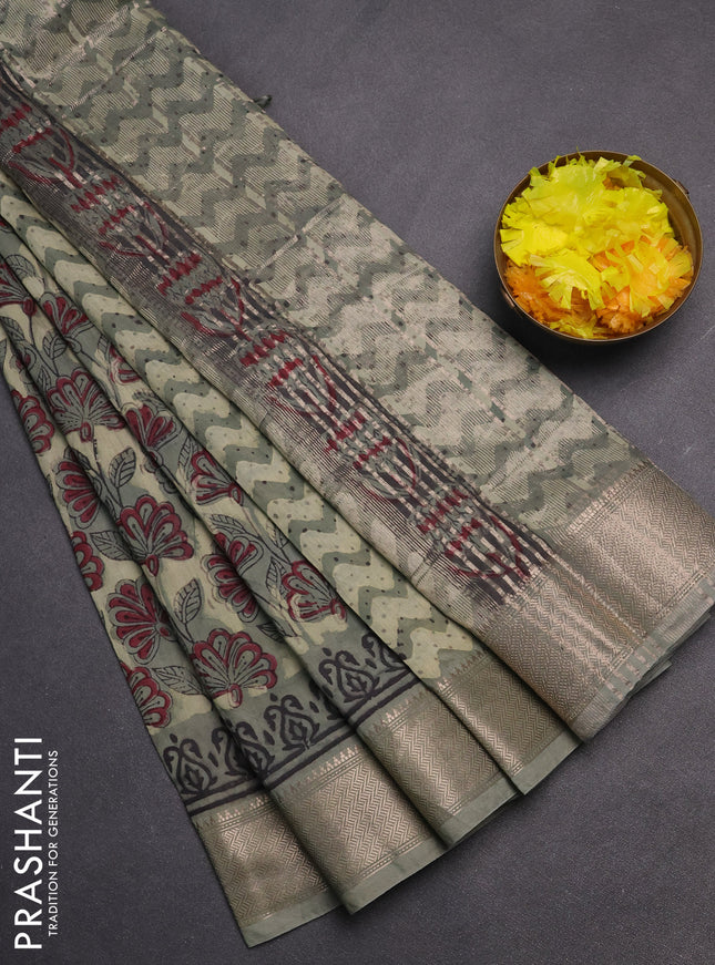 Semi chanderi saree pastel green with allover vanaspathi prints and zari woven border
