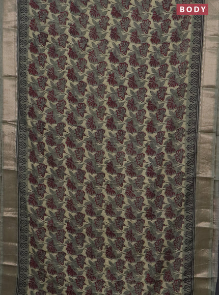 Semi chanderi saree pastel green with allover vanaspathi prints and zari woven border