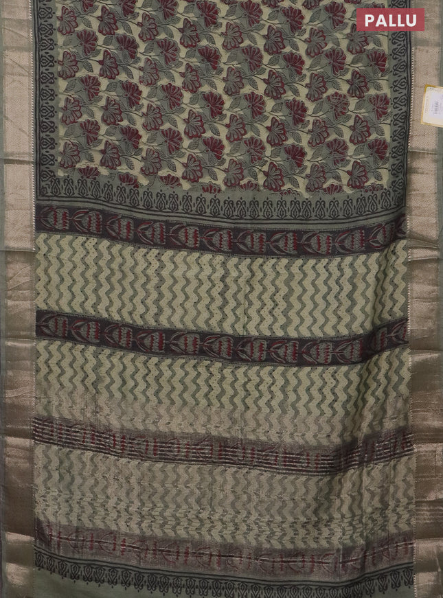 Semi chanderi saree pastel green with allover vanaspathi prints and zari woven border