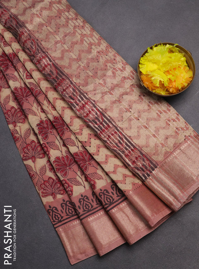 Semi chanderi saree beige and pastel peach with allover vanaspathi prints and zari woven border