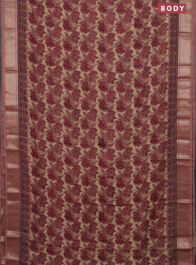 Semi chanderi saree beige and pastel peach with allover vanaspathi prints and zari woven border