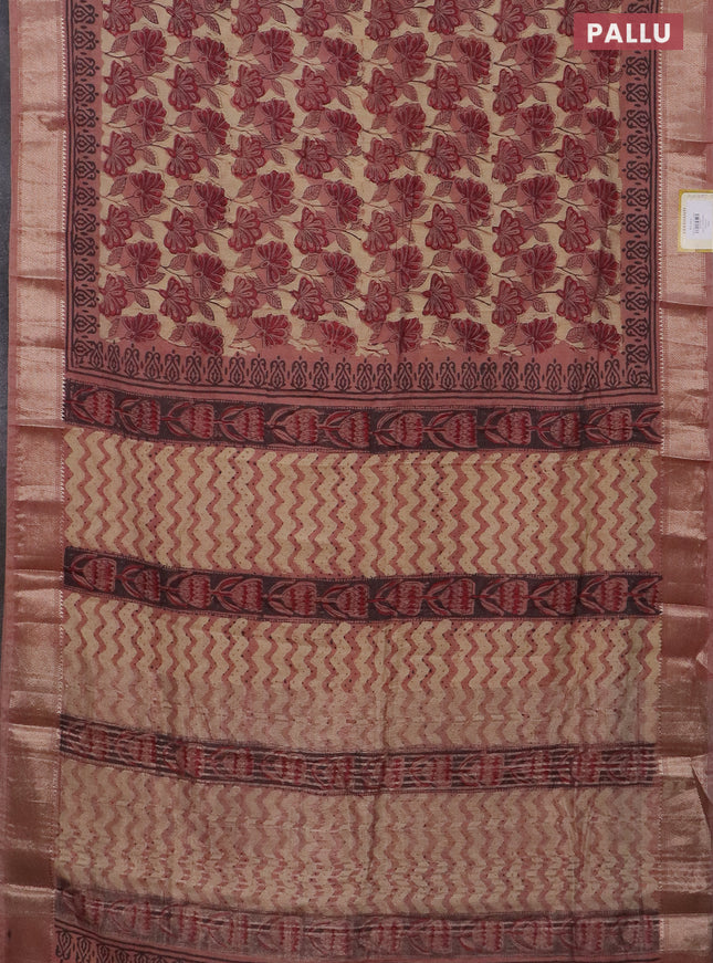 Semi chanderi saree beige and pastel peach with allover vanaspathi prints and zari woven border