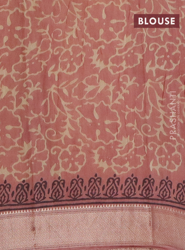 Semi chanderi saree beige and pastel peach with allover vanaspathi prints and zari woven border