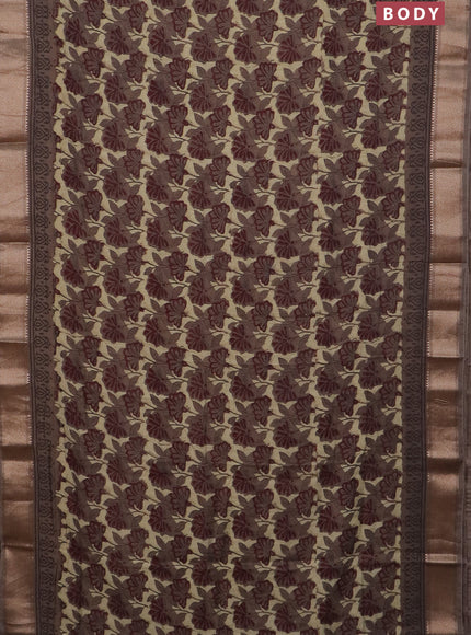 Semi chanderi saree beige and brown shade with allover vanaspathi prints and zari woven border