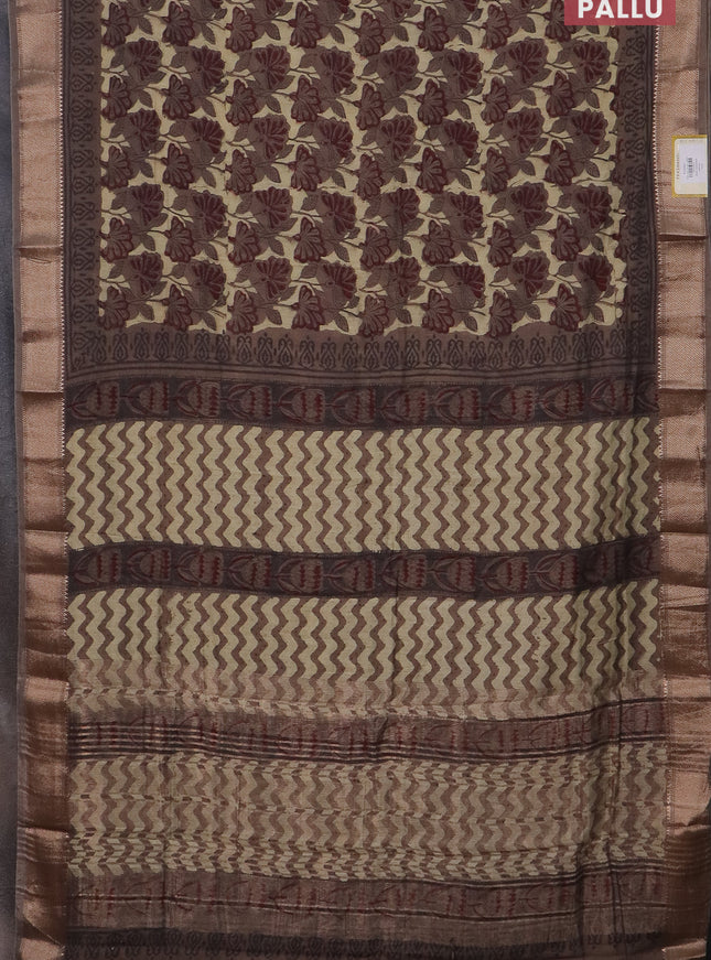 Semi chanderi saree beige and brown shade with allover vanaspathi prints and zari woven border