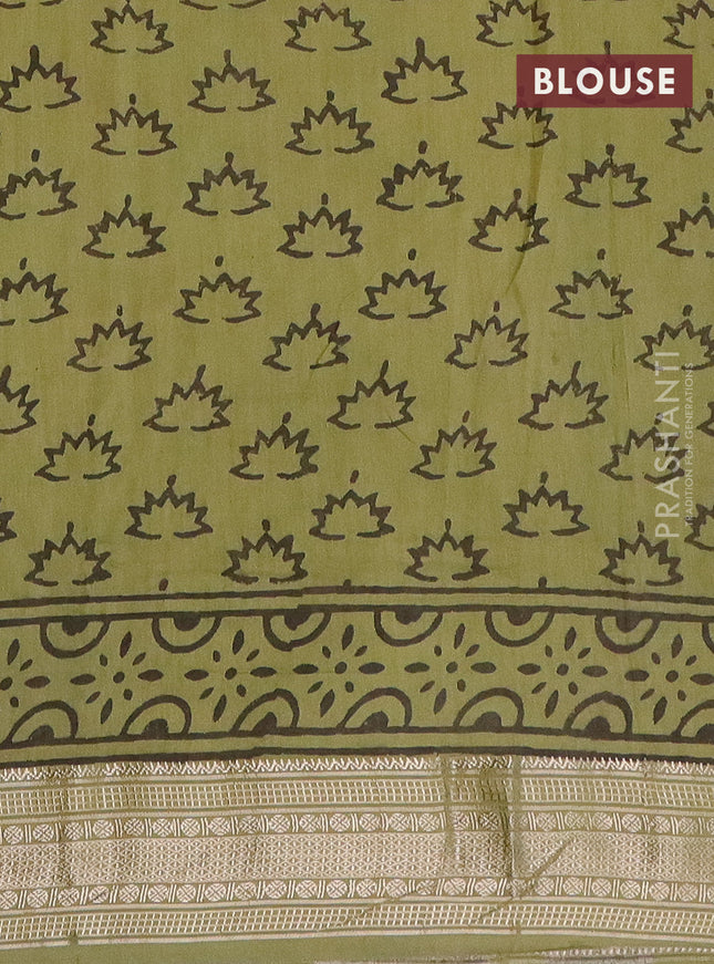 Semi chanderi saree pale yellow and pista green with allover vanaspathi prints and zari woven border