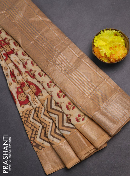 Semi chanderi saree sandal with allover vanaspathi prints and zari woven border