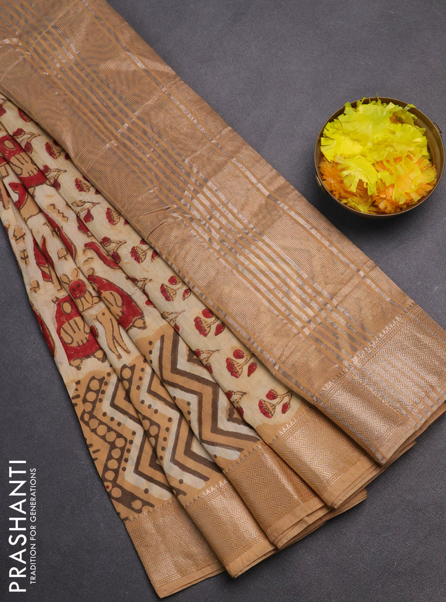 Semi chanderi saree sandal with allover vanaspathi prints and zari woven border