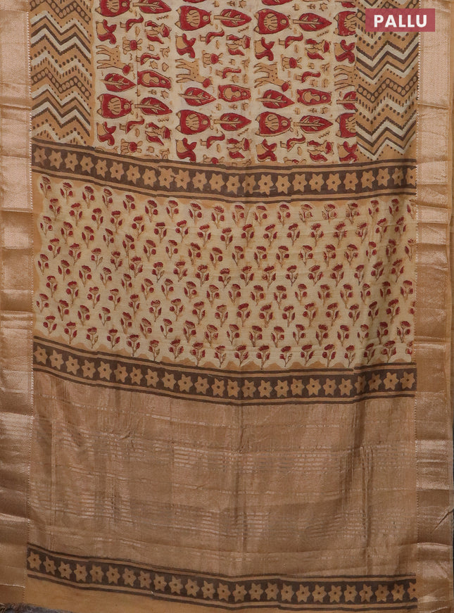 Semi chanderi saree sandal with allover vanaspathi prints and zari woven border