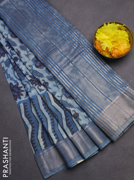 Semi chanderi saree pastel blue and indigo blue with allover vanaspathi prints and zari woven border